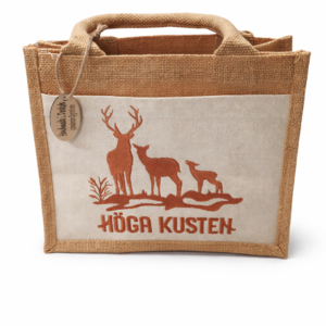 Små väska med broderat motiv, 3 djur och text Höga Kusten