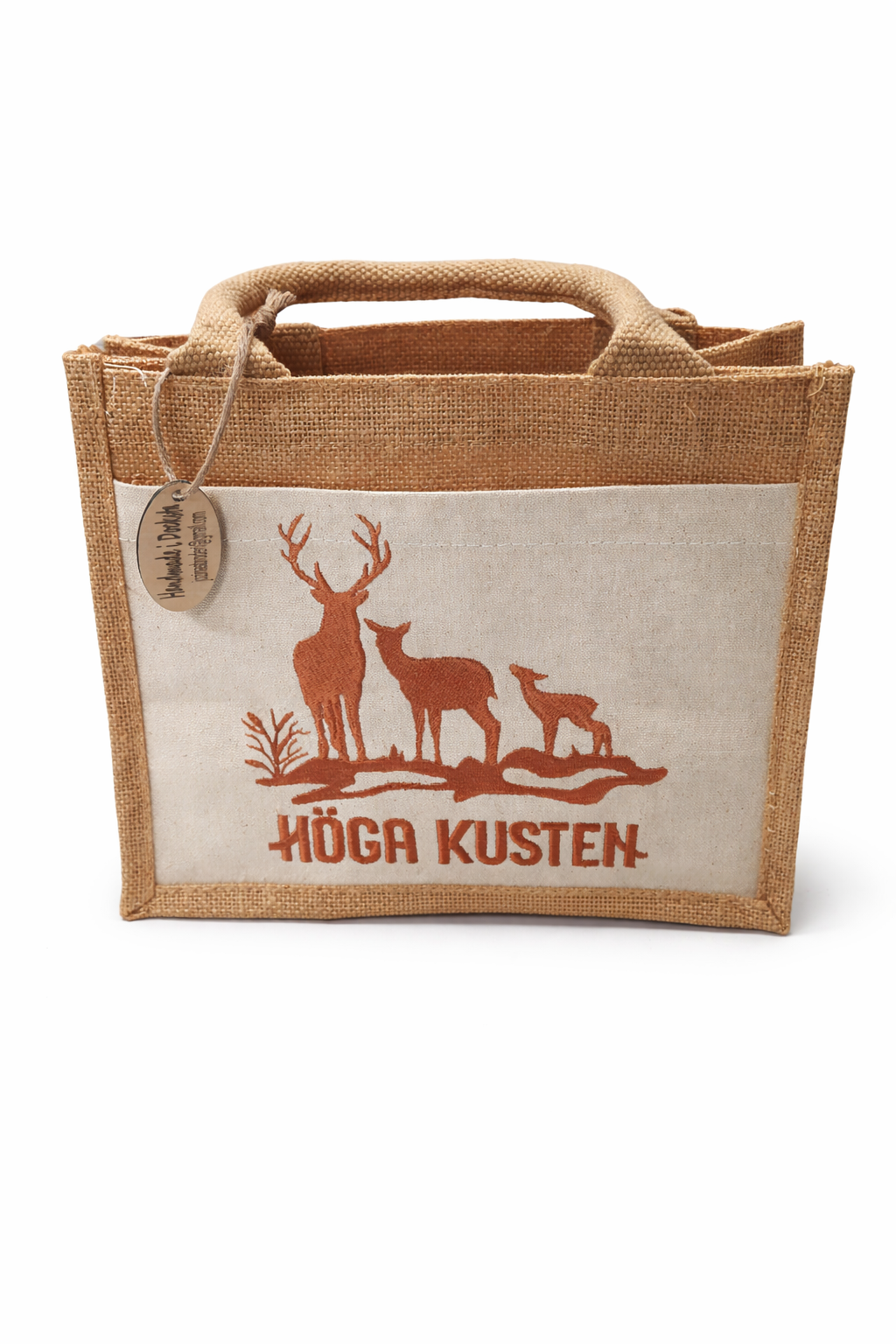 Små väska med broderat motiv, 3 djur och text Höga Kusten