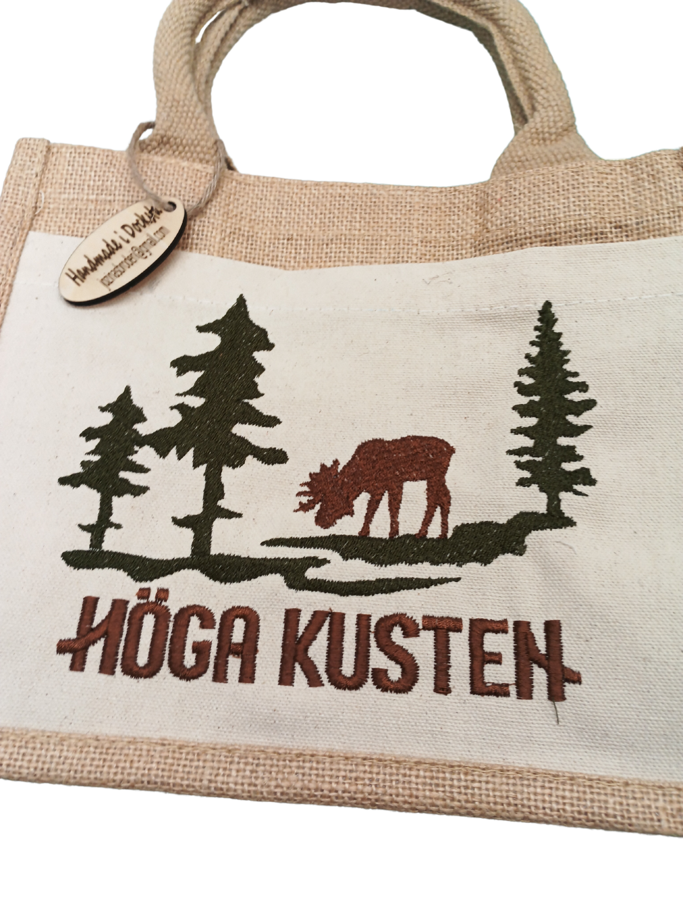 Små väska med broderat motiv, älg och text Höga Kusten