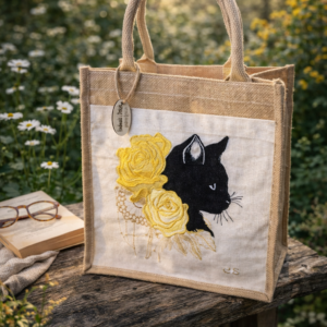 Jutekasse med broderad katt och rosor