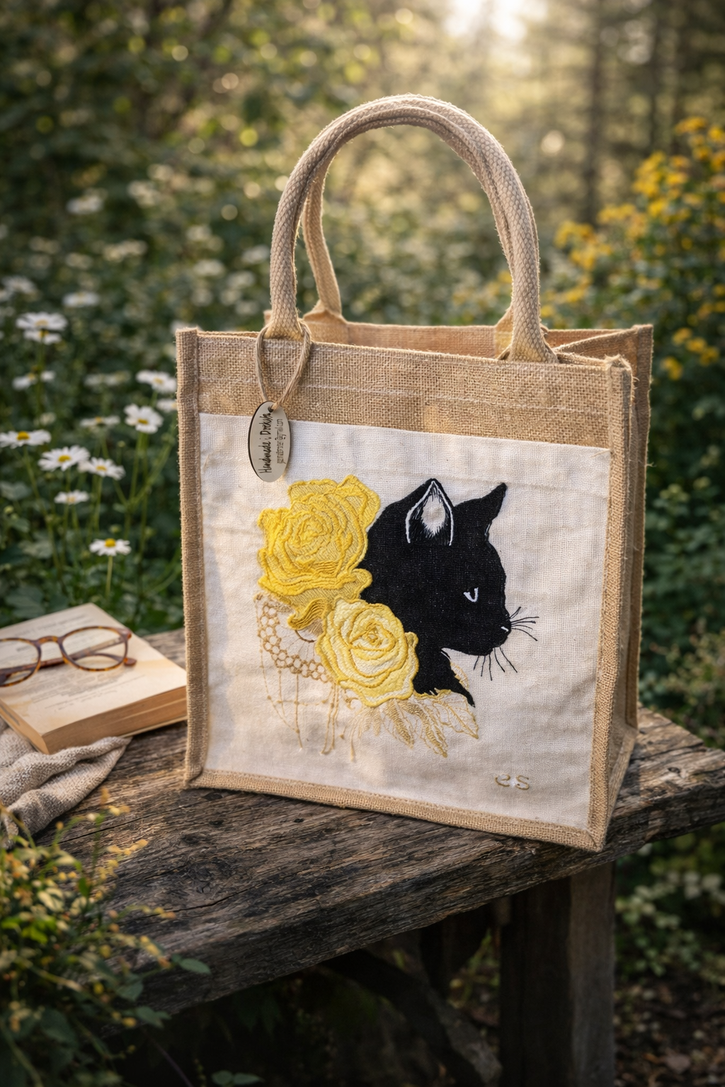Jutekasse med broderad katt och rosor