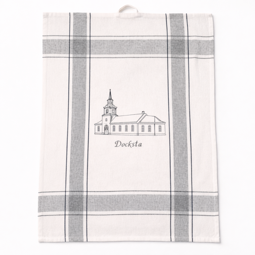Kökshandduk med broderi av Docksta kyrka