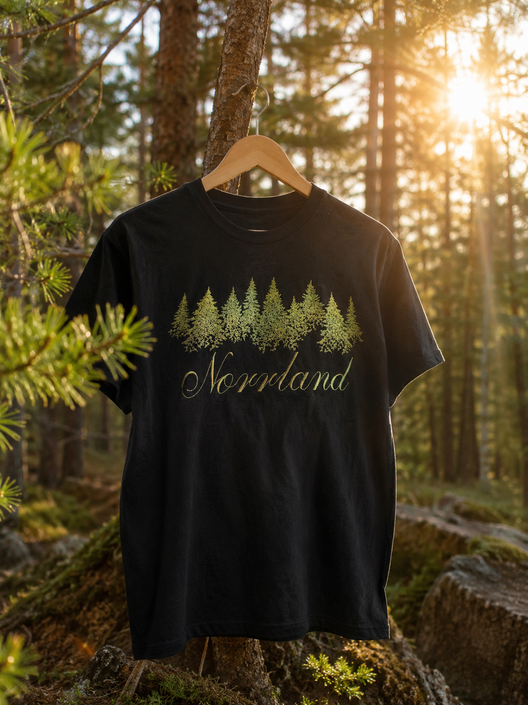 T-shirt med broderat skogsmotiv i gröna nyanser och texten Norrland.